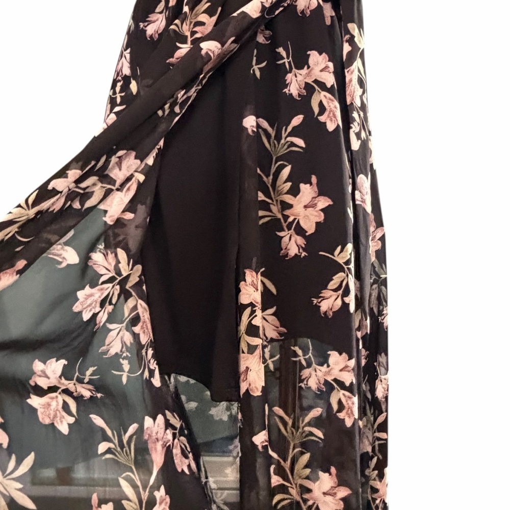 Ryan Michelle Floral Wrap Maxi Dress Black Pink Boho Chiffon Flutter Sleeve M - Picture 7 of 15